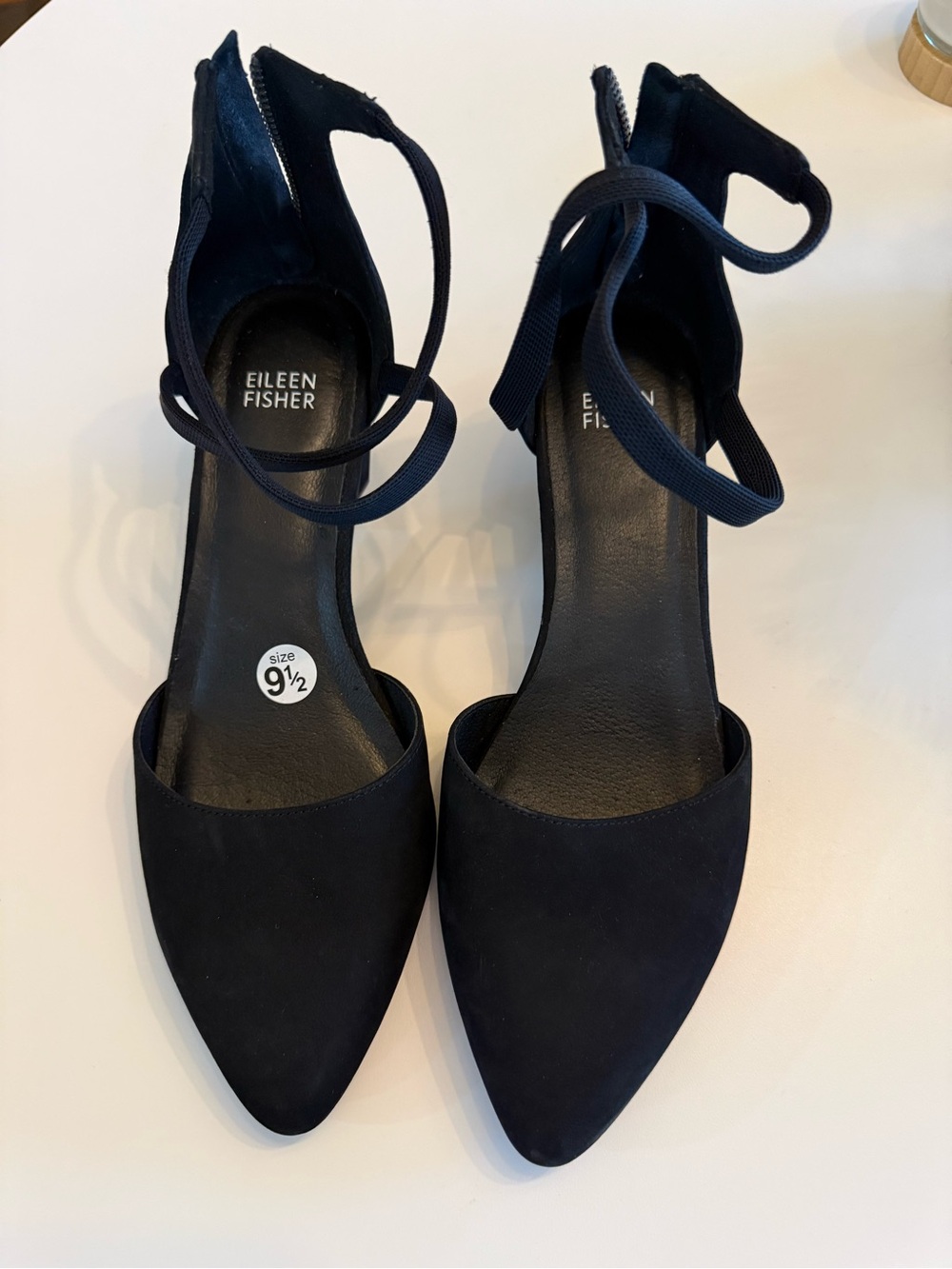 Eileen Fisher Black Suede Pointed-Toe Ankle Strap Heels